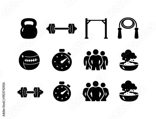 CrossFit Group Training. Filled icon set of CrossFit Group Training: kettlebell, barbell,