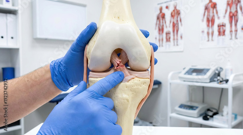 Anatomical knee joint model showing ligaments, cartilage, meniscus and cruciate ligament with gloved hands demonstrating injury and treatment options in clinical setting