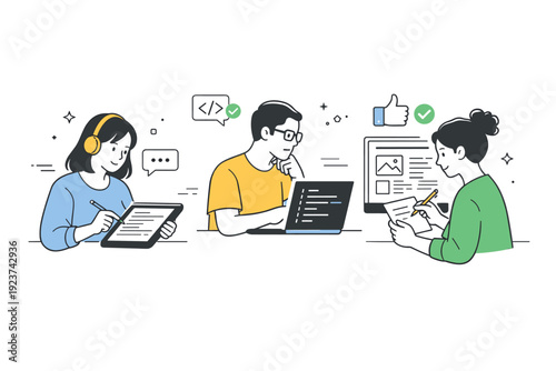 Remote documentation and review. Team members calmly reviewing documents, code, or designs asynchronously on screens, highlighting thoughtful