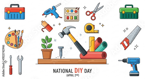 National diy day illustration with tools and equipment for home improvement and crafting projects