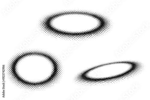 Halftone dotted halo circle A halo-style dotted circle motif shown in three views including centered view, expanded view, and