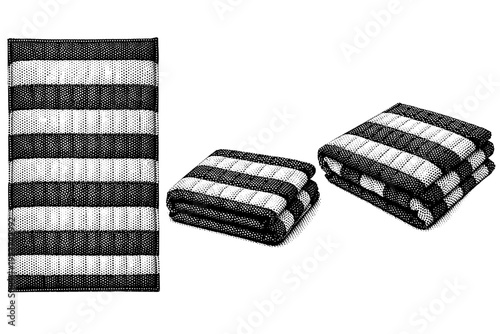 Striped quilt panel. A realistic striped quilt panel shown as a single object from three different angles: front view, folded view, and three-quarter view.