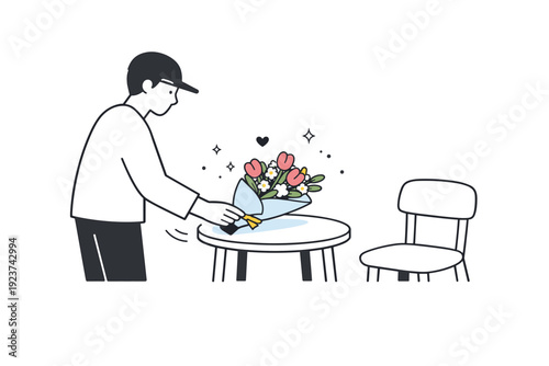 Minimalist Flower Gesture. Minimalist flower gifting scenes. A person placing flowers on a table for someone else to find. Quiet gesture, indirect care, calm