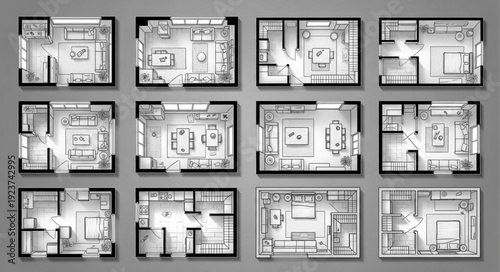 Detailed architectural floor plans showcasing various residential layouts and designs.