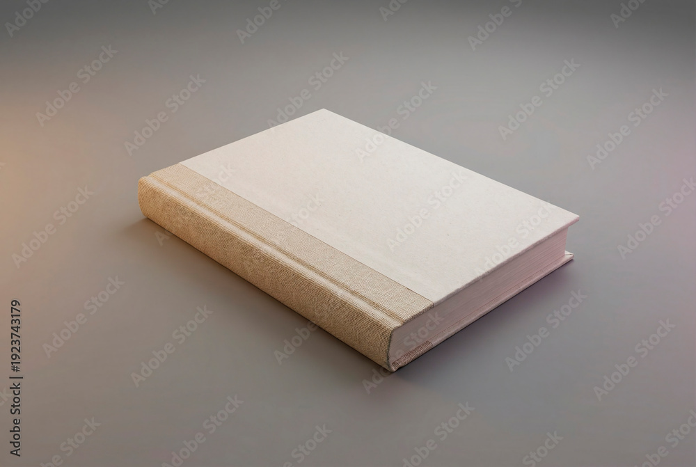 Fototapeta premium Blank hardcover book with a linen spine and paper cover lying on a gray surface, studio lighting for template and design mockup