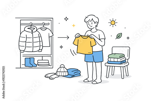 Changing wardrobe layers at home. A character stands near an open closet or chair with folded clothes, swapping winter layers for lighter