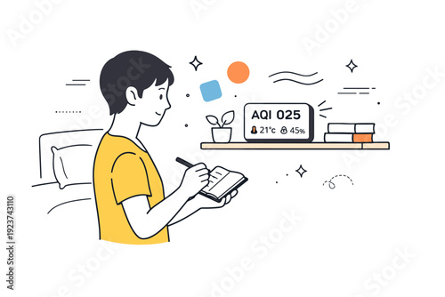 Daily sensor reading. A person checks an air monitor on a bedroom shelf, jotting notes on a small notebook, abstract floating shapes and