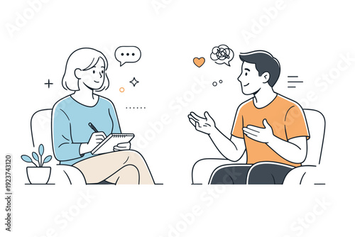 One-on-one therapy conversation. A therapist listens attentively while a person speaks, with a notebook and calm posture. The scene conveys trust, focus, and