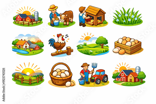 Morning Farm Routine. Colorful isometric vector icons set of Morning Farm Routine: sunrise on farm, early morning chores, feeding chickens, opening coop