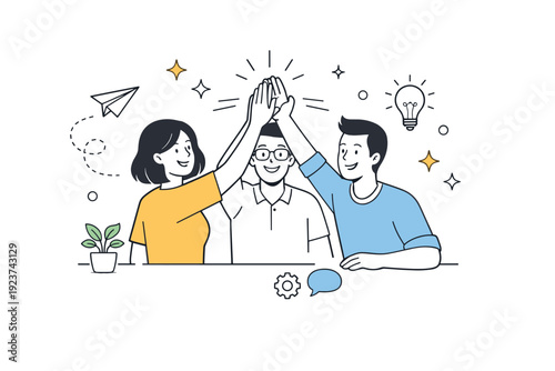 High five teamwork moment. Two or three team members exchanging a high five during daily work, friendly interaction and motivation. Abstract decorative