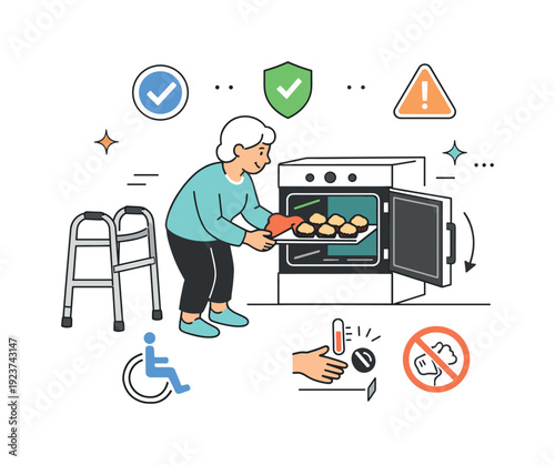Elderly person safely baking cookies with assistive devices and safety icons