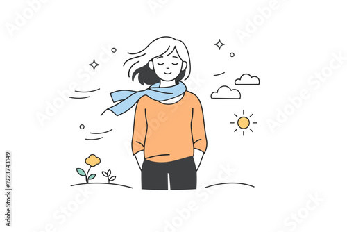First warm air sensations outdoors. A person stands still as a gentle breeze moves clothing or hair slightly, suggesting warmth after cold days. The mood is