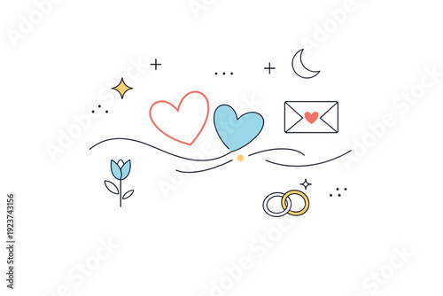 Minimal romantic composition. Simple hearts, curves, and abstract symbols delicately arranged with lots of air. Soft charm, friendliness, and