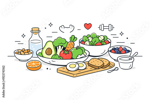 Healthy food. Fresh fruits and vegetables arranged neatly on a table, showing balance, nutrition, and mindful eating. The scene feels clean,