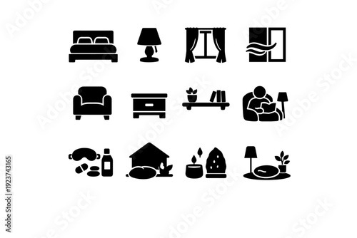 Comfort Sleep Essentials Icons. Comfortable sleep space. Solid icon set of Comfortable sleep space: bed with headboard, calming lamp, light curtain, window