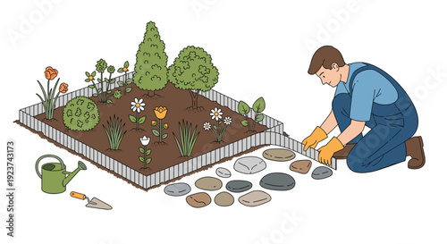 Man kneeling to lay stepping stones along the edge of a raised garden bed with various plants and flowers.