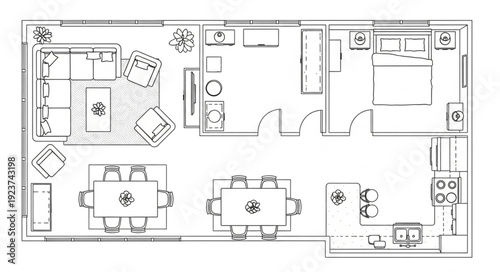 Detailed floor plan of a modern apartment with furniture layout and room arrangements.