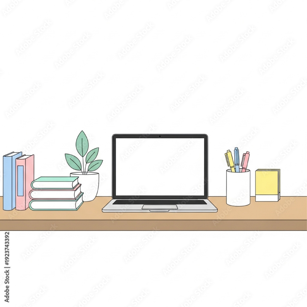 Fototapeta premium Minimalistic Home Office Vector Illustration, Desk with Laptop and Books, Organized Workspace, Flat Design, Modern Calm Style