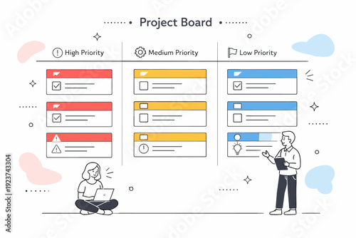 Organized Project Board. Organized project board. A neatly arranged board with tasks categorized by priority, soft abstract floating shapes and dots