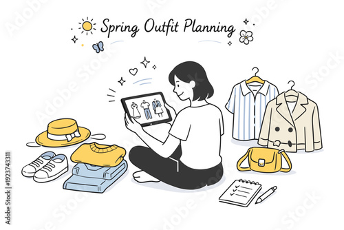 Spring outfit planning. A person reviewing spring looks on a tablet with clothing items laid out neatly nearby. The illustration conveys
