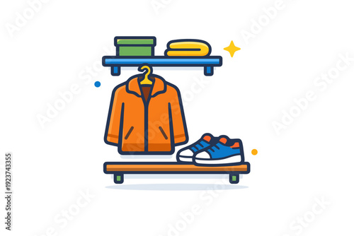 Creating a functional entryway storage system for coats and shoes captured as a simple visual badge combining a coat, shoe, and shelf icon, symbolizing home
