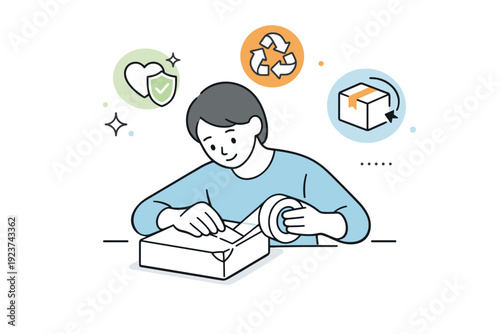 Repair tape aesthetics. Person calmly applying tape to a bent corner of a book or box, with floating icons showing preservation and reuse.