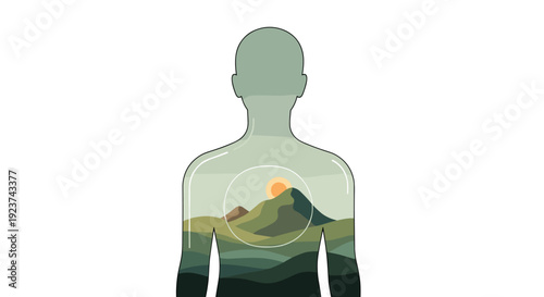 A human torso silhouette contains a green mountain landscape with a rising yellow sun and subtle ripples on a bright white background, Generative AI.