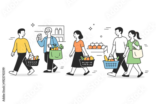 People with groceries. Several individuals in a simple supermarket scene, each holding a basket or bag, moving calmly through the space. Quiet flow and