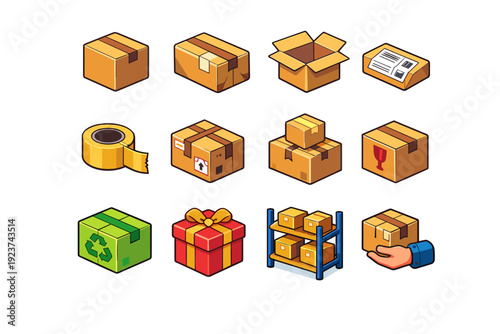 Package. Colorful isometric vector icons set of Package: cardboard box, sealed parcel, open box, shipping label, packing tape roll, delivery package, stacked