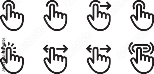 Series of hand gesture icons showing different finger pointing directions isolated on transparent