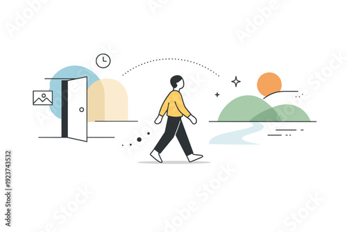 Quiet personal transitions. Walking figure leaving a familiar space behind, abstract shapes suggesting past, present, and gentle movement