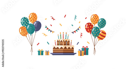 Tiered birthday cake with candles, surrounded by colorful balloons, gift boxes, confetti, and a decorative banner.