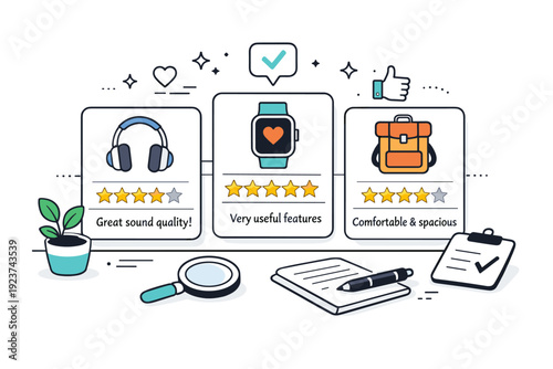 Product reviews and ratings. Desk scene with product image cards, star ratings, and short text snippets arranged neatly. Organized evaluation process and