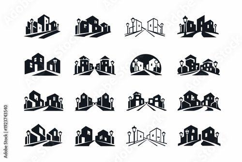 Town Logo Variations. Town. Icon set. Set Logo of Town: street with lampposts and buildings. harmonious logo variations of the same emblematic concept, each