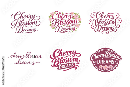 Cherry Blossom Dreams. Set lettering. harmonious lettering variations of the same emblematic concept, each with different artistic interpretation (Elegant