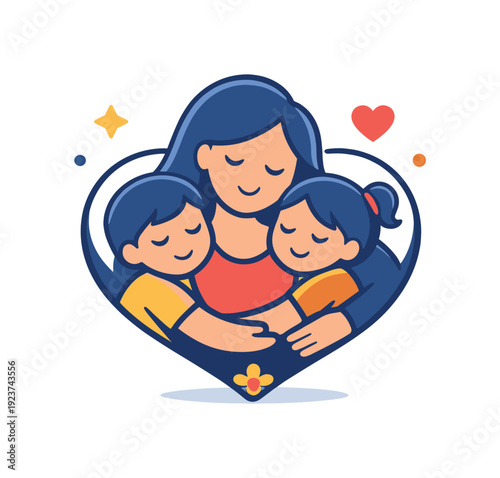 A mother?s love for her children centered on emotional closeness and bonding. A warm and balanced scene with intertwined shapes forming a