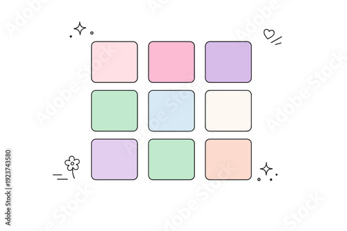 Pastel spring palette. Color swatches inspired by flowers and sky arranged in a minimal grid, light pinks, mint green and soft lavender creating a fresh