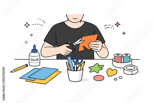 DIY crafting projects. A person cutting colorful paper and arranging materials on a clean table. Calm editorial scene highlighting