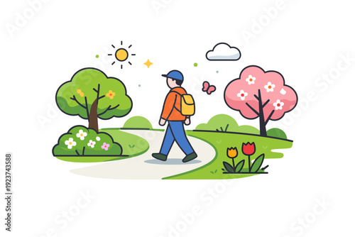 Spring park walk a person strolling along a quiet park path lined with fresh trees and early blossoms, capturing a calm moment of relaxation