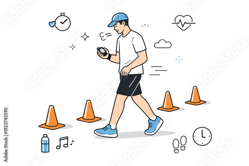Interval training with cones. A recovery phase between intervals, athlete walking back past cones while checking a timer, controlled breathing and intentional