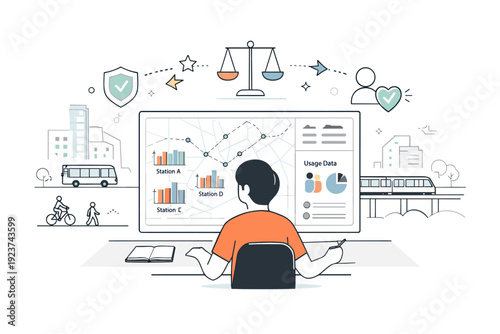 Fair data exchange for urban planning. A planner viewing anonymized transit data with clear usage indicators, abstract stars and arrows
