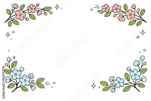 Blooming branches. Decorative floral branches framing an empty center space, suitable for editorial or seasonal themes. Calm, fresh, and
