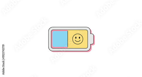 A stylized battery icon shows a partial blue charge and a yellow section with a smiling face set on a simple white background, Generative AI.