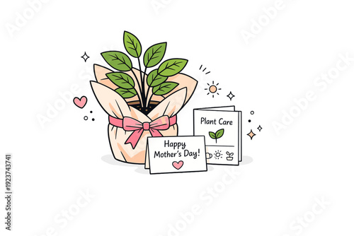 Gift plant setup. A potted plant with wrapping, ribbon, and small care booklet arranged neatly as a present for Mother?s Day, suggesting