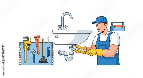 Plumber in uniform and yellow gloves fixing the pipes under a bathroom sink with a wrench, surrounded by tools.