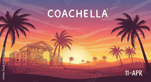 Coachella music festival poster with palm trees at sunset event flyer design with stage and tropical background