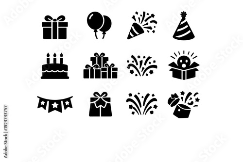Birthday surprises. Solid icon set of Birthday surprises: birthday gift box, balloons, confetti popper, party hat, candle cake, wrapped