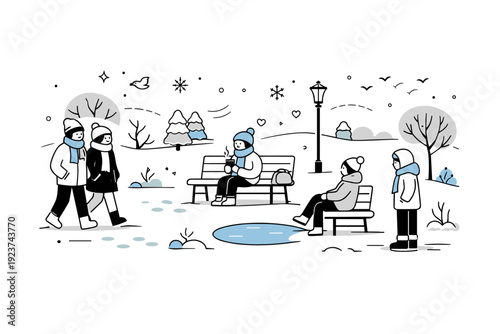 Winter leisure outdoors. People strolling in a snowy park, sitting on benches, or enjoying fresh air in a peaceful winter setting. The mood feels quiet, cozy,