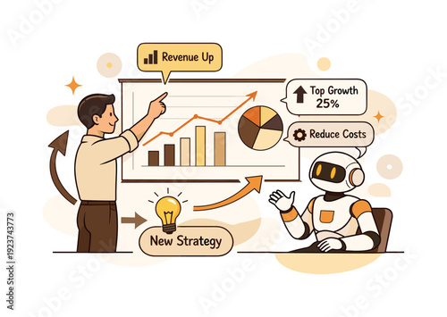 Decision-making together. A human points to a chart while AI highlights key insights,