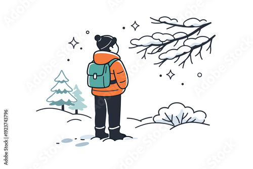 Snowy forest leisure walks. Short pause during a winter walk, person standing quietly and looking at snowy branches, calm reflection and